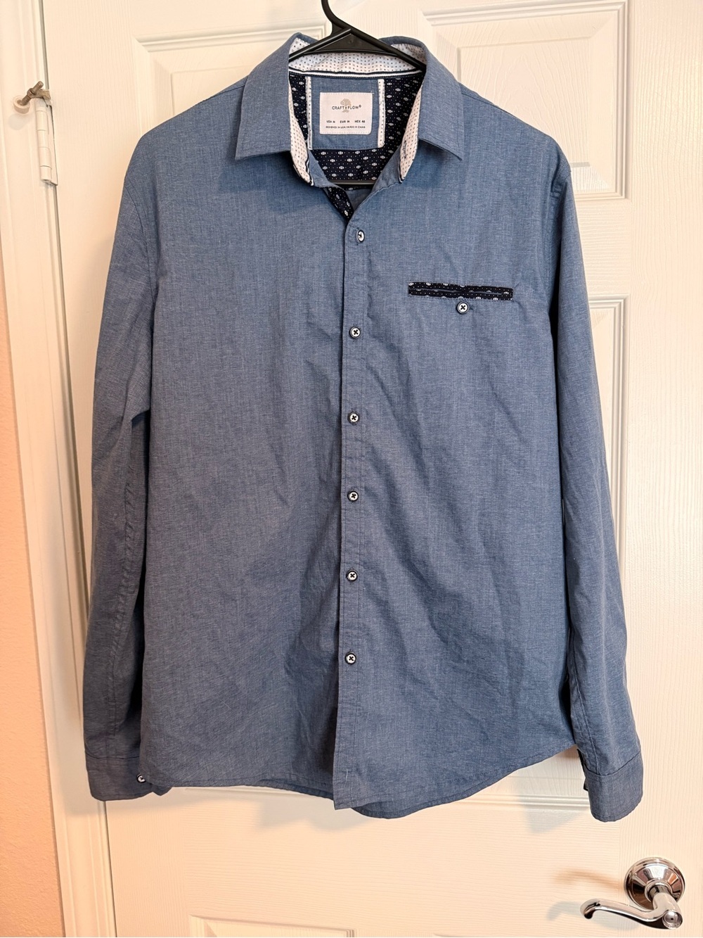 Craft & Flow chambray blue long-sleeve button-down with contrast trim